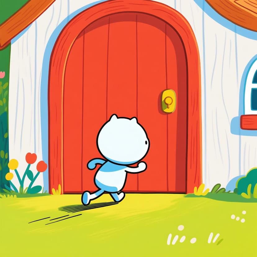 Un piccolo personaggio stilizzato che si allontana velocemente dalla porta rossa dai colori vivaci di un cottage, illustrando l'azione di andarsene.