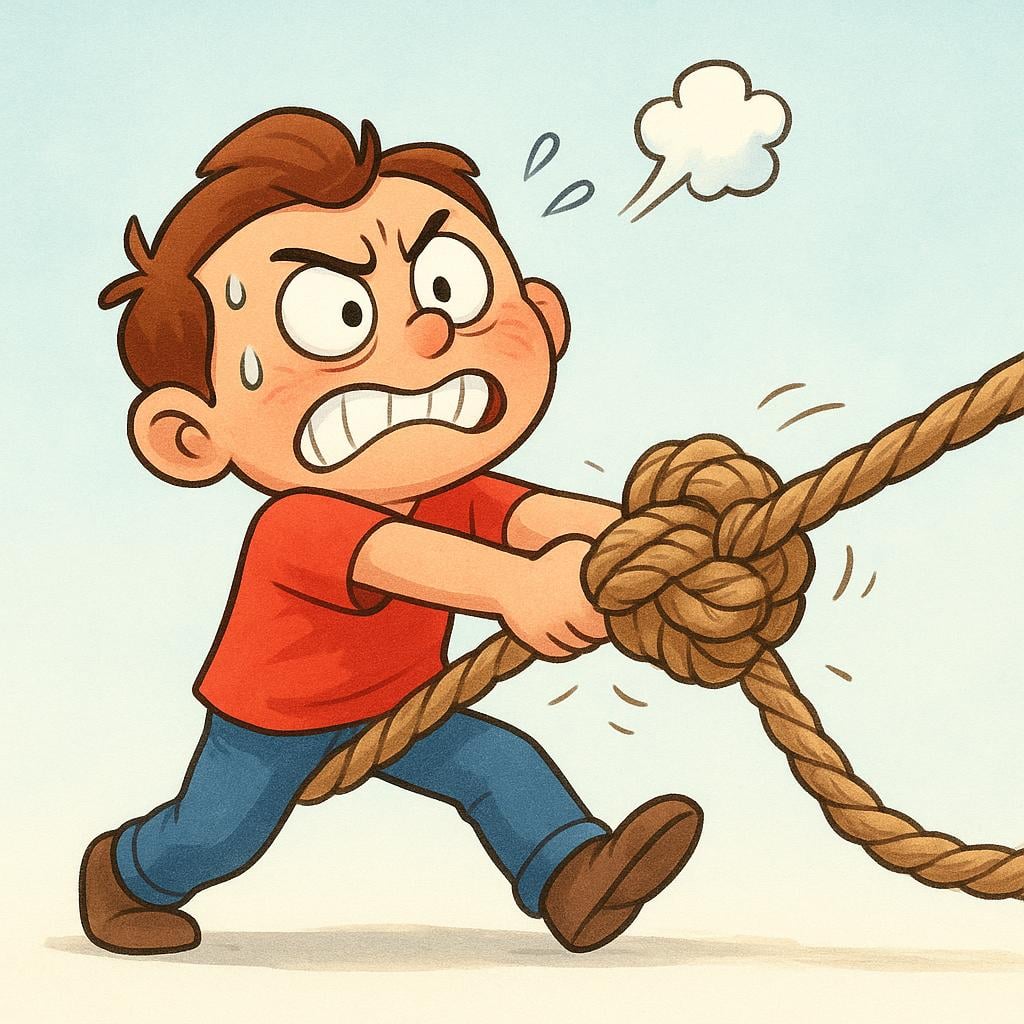 A cartoon character with a bright red face expressing intense frustration while pulling on a thick rope tied into an impossible, stubborn knot.