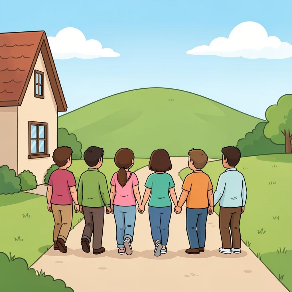 A group of people walking away from a house toward a path in the distance.