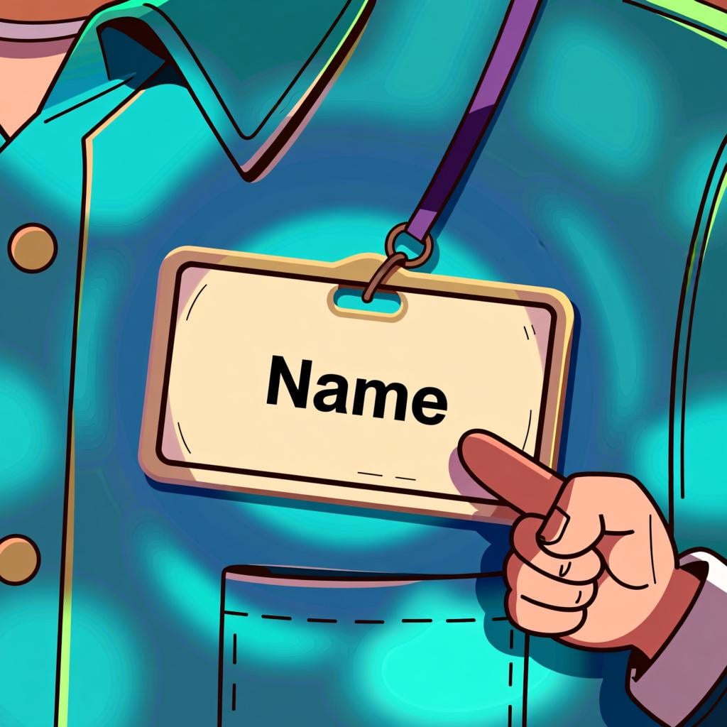 A simple name tag with a blank space for a name, with a friendly hand pointing to it.
