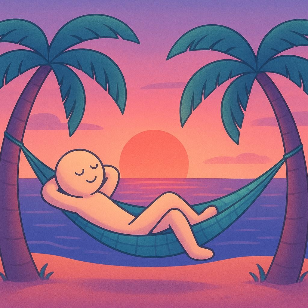 A simplified figure relaxing peacefully on a hammock tied between two palm trees as the sun sets over the ocean, illustrating time being spent.