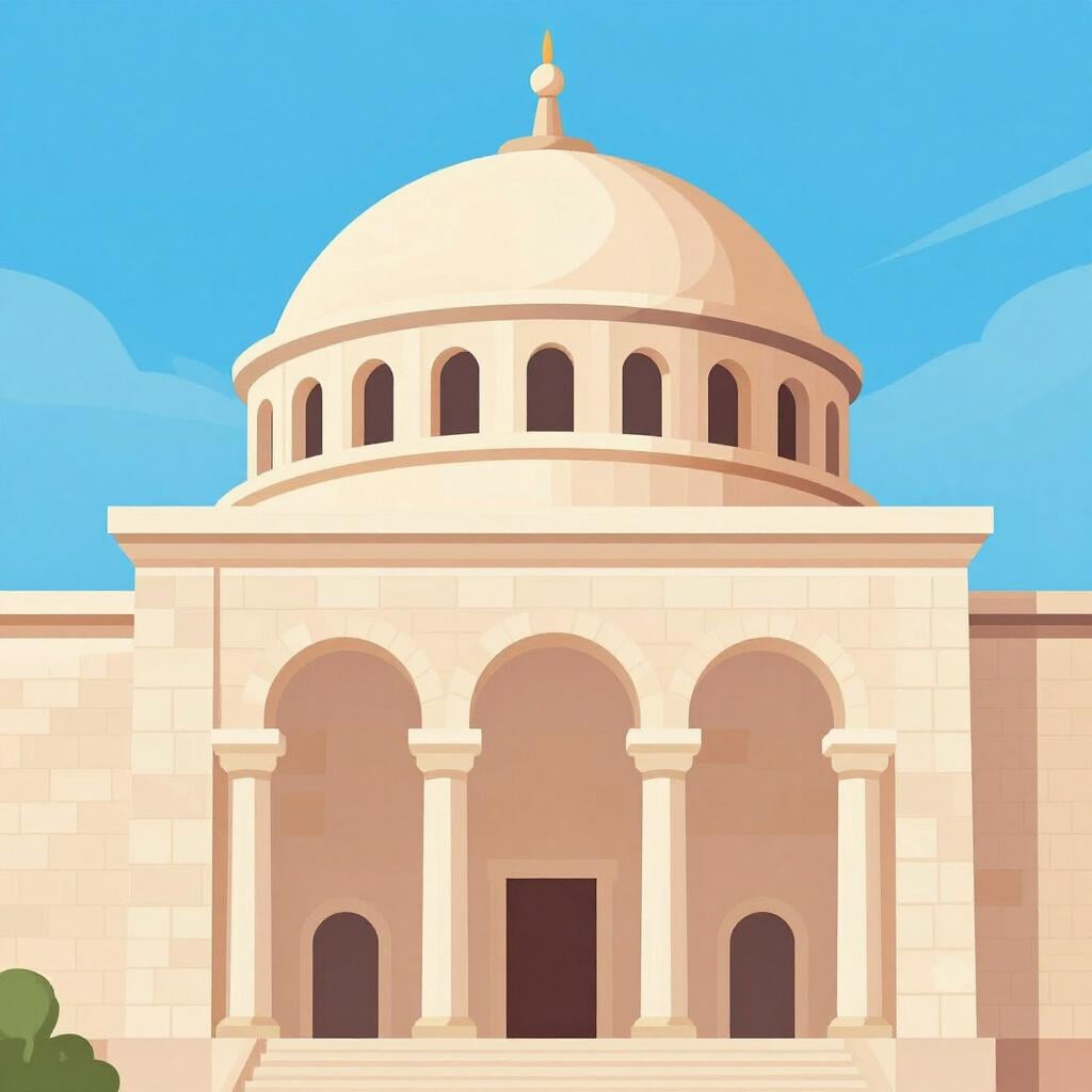 Une illustration détaillée d'un grand bâtiment avec de hautes colonnes et des arches complexes.