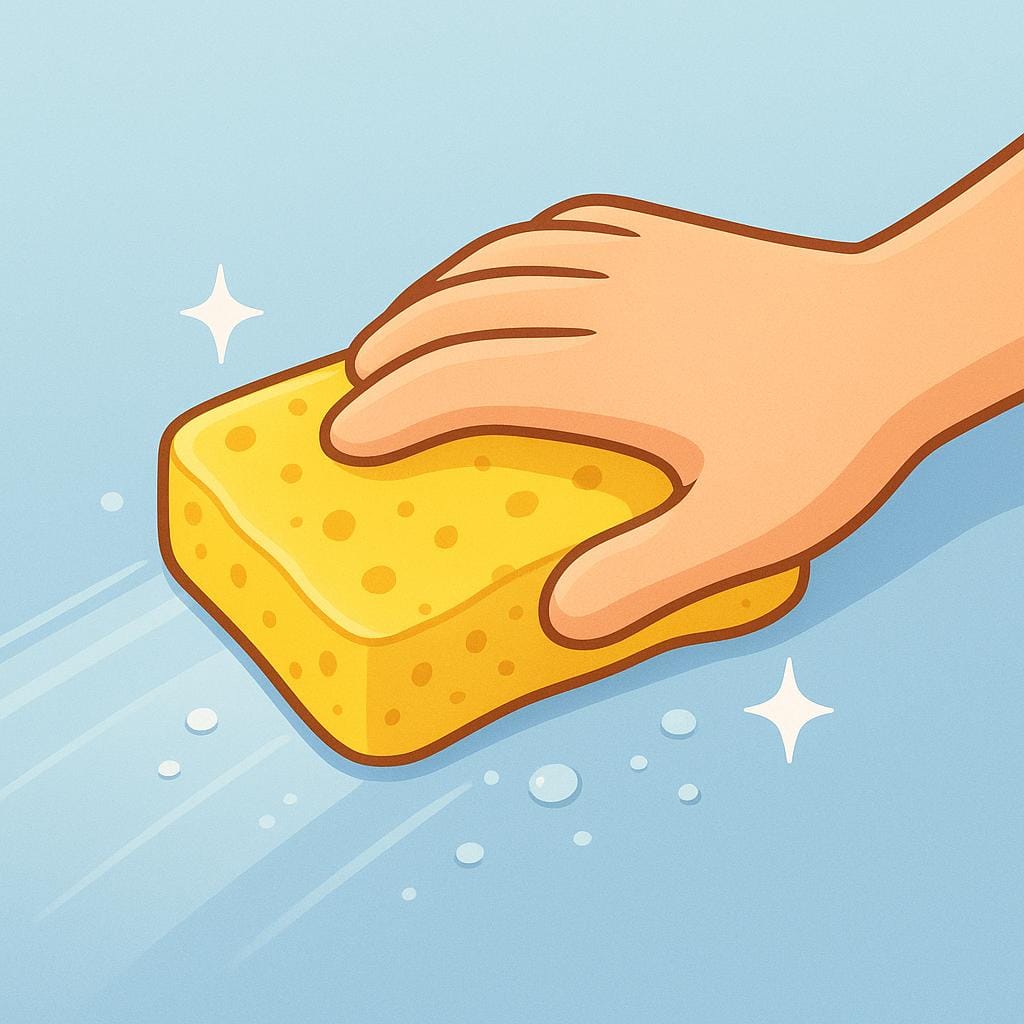 A hand holding a sponge, actively wiping a streak across a shiny, bright blue surface, making it sparkle.