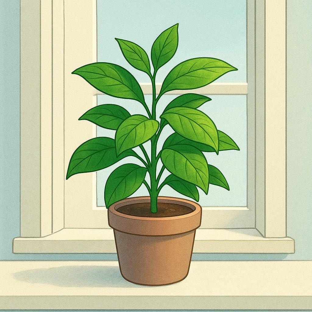 A single, vibrant green potted plant with large healthy leaves, thriving on a sunlit windowsill.