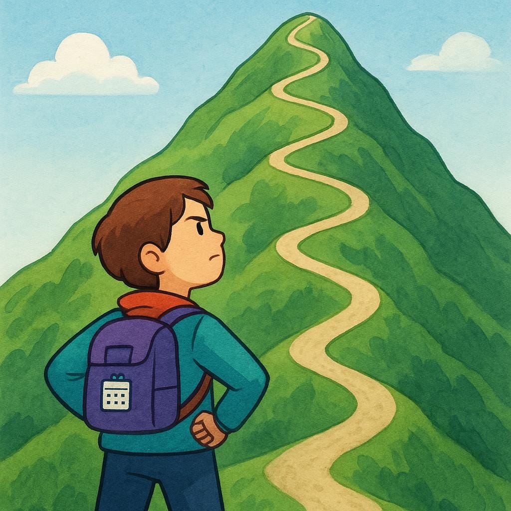 Un personaggio determinato in piedi alla base di un sentiero molto ripido e tortuoso che conduce in cima a una grande montagna verde, a rappresentare un compito futuro necessario.
