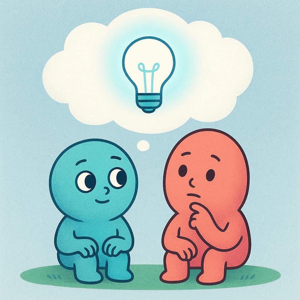 A colorful illustration showing two simple storybook characters sitting side-by-side, both looking contemplative. A single large thought bubble connects them, symbolizing shared or collective thinking. Inside the bubble is a simple, glowing lightbulb.