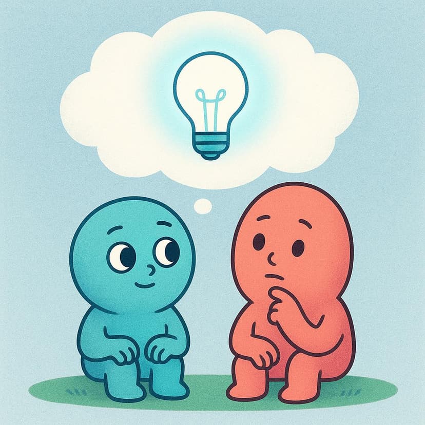 A colorful illustration showing two simple storybook characters sitting side-by-side, both looking contemplative. A single large thought bubble connects them, symbolizing shared or collective thinking. Inside the bubble is a simple, glowing lightbulb.