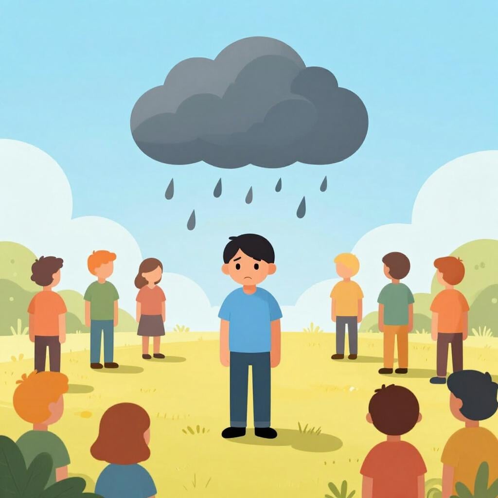 他の人々は太陽の下にいるのに、一人の人間だけが雨雲の下に立っている。