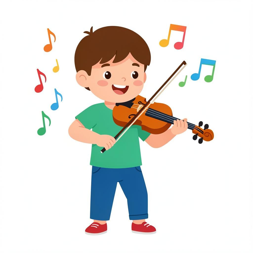 Un bambino piccolo che suona felicemente un violino con note musicali che fluttuano intorno.