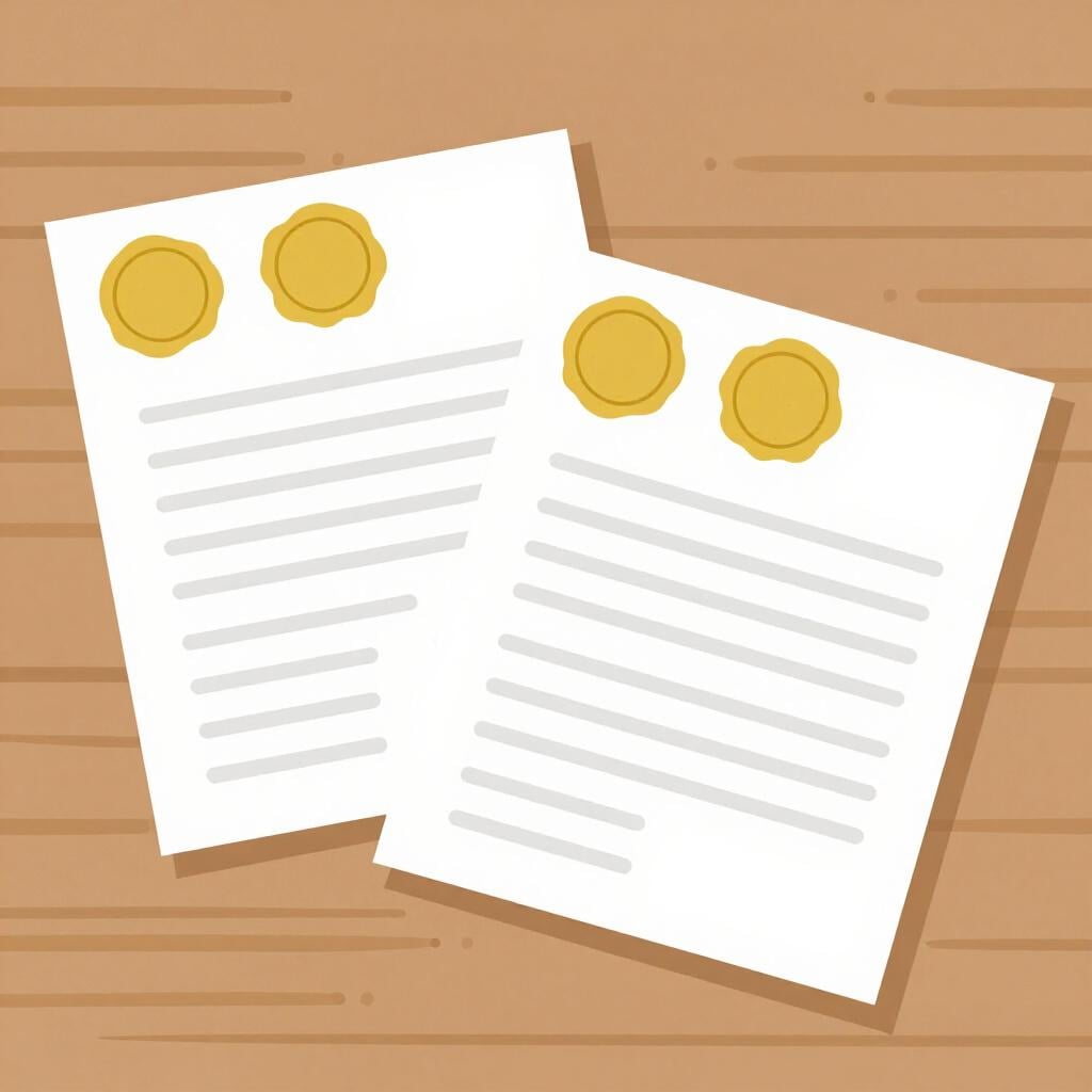 Two identical official-looking papers with golden seals lying side by side on a desk.