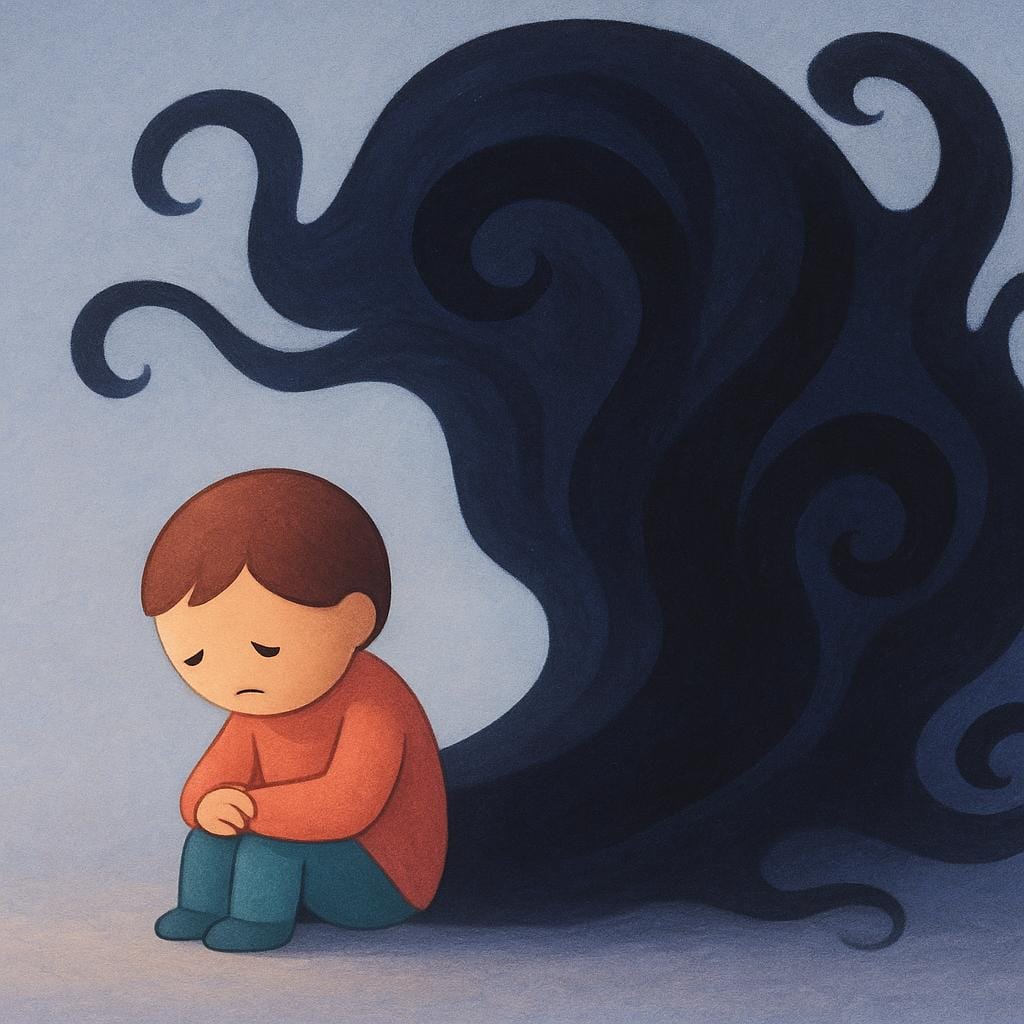A small, vulnerable figure is sitting huddled on the ground, enveloped by a large, swirling, dark cloud or shadow, symbolizing psychological shock.