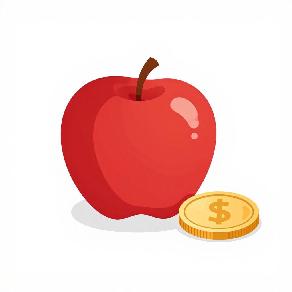 A single red apple on a white surface with a small coin next to it.