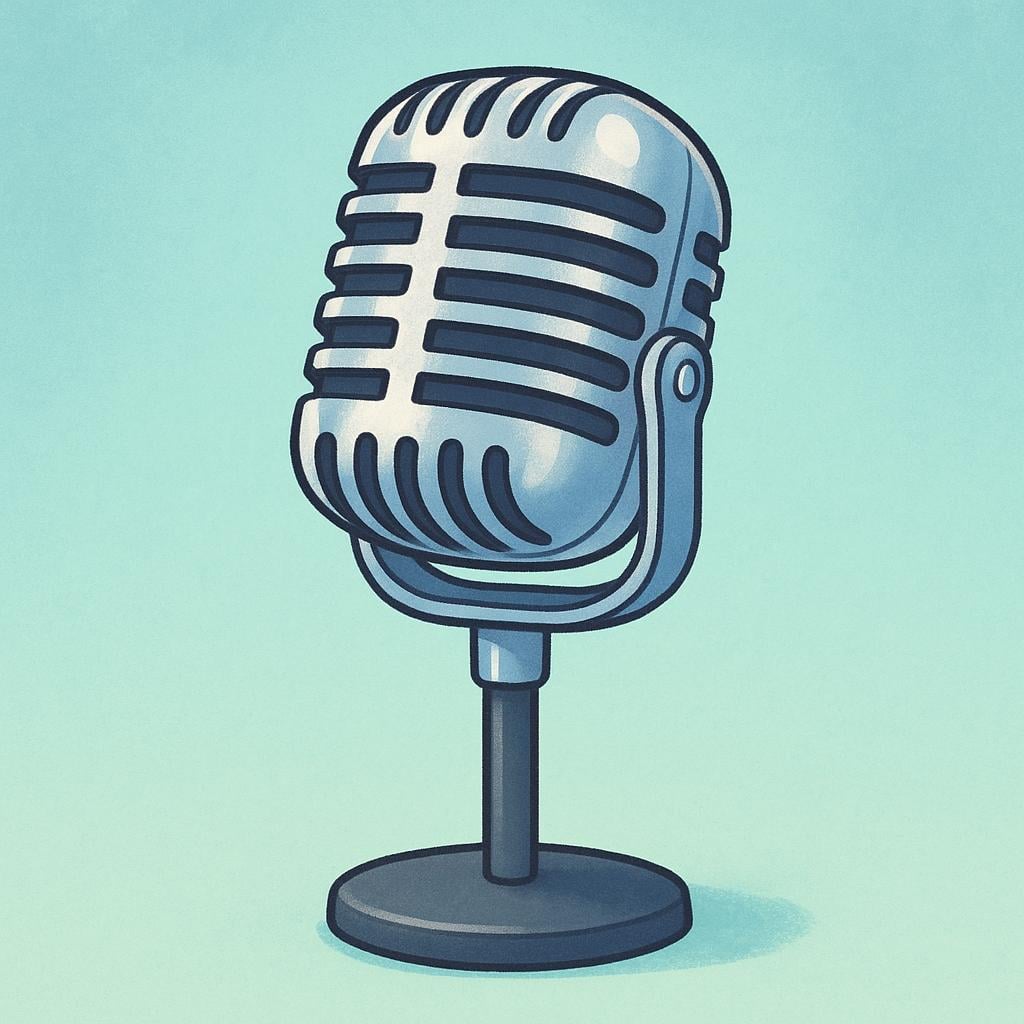 A large, simple illustration of a silver vintage studio microphone placed on a stand, suggesting the act of recording sound.