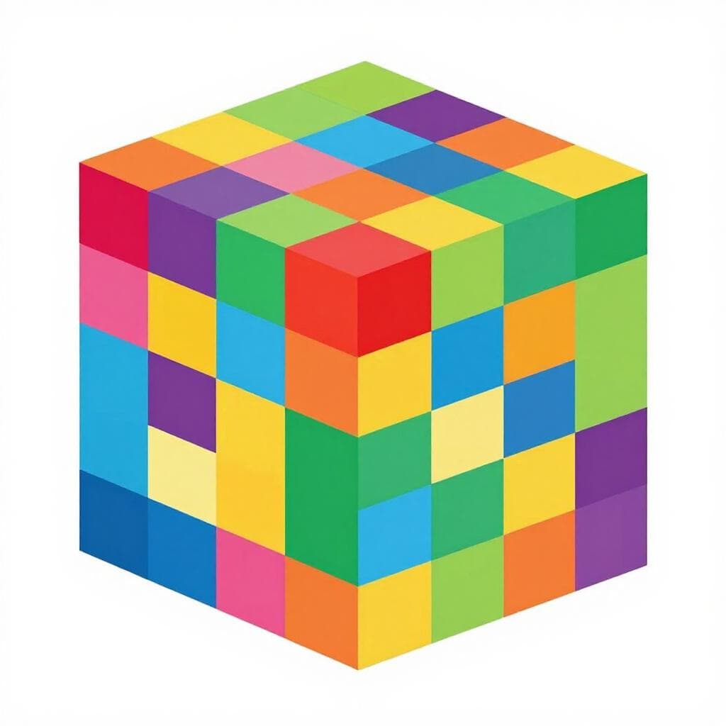 A colorful 3D cube made of smaller transparent blocks to show volume.