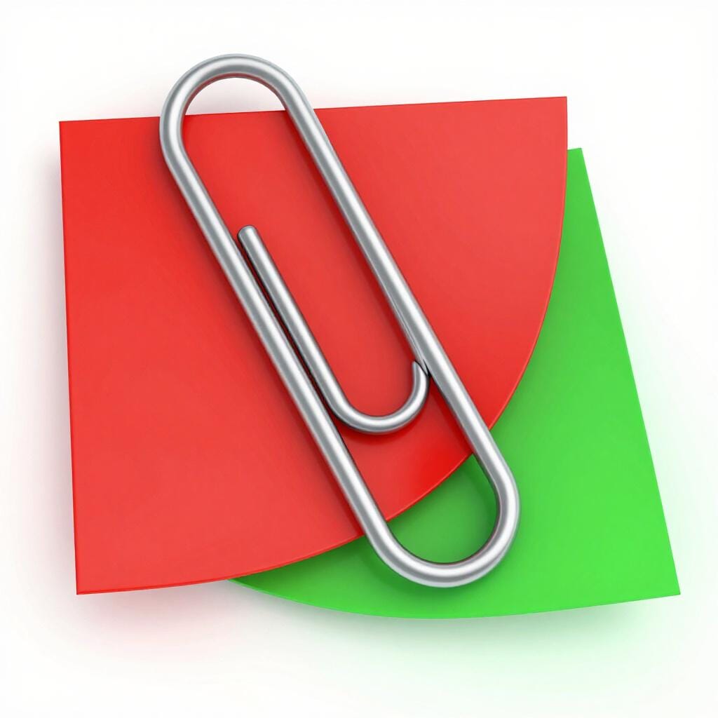 Eine große Metallklammer, die zwei bunte Papierbögen zusammenhält.