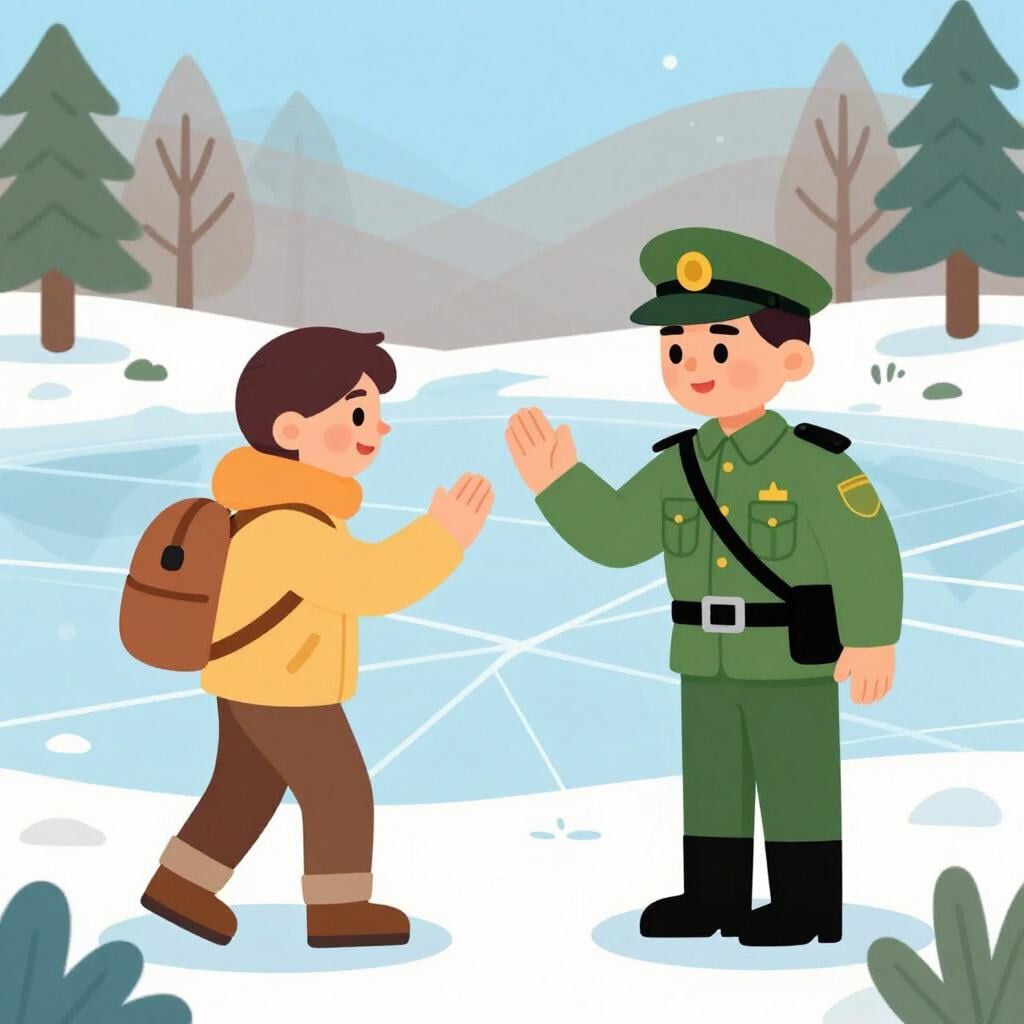 A park ranger holding up a hand to stop a hiker from walking onto a thin, cracking ice patch on a pond.