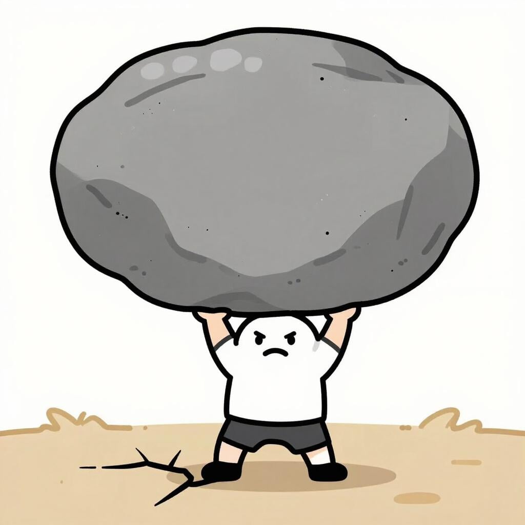 A small person struggling to lift a massive, solid iron boulder.