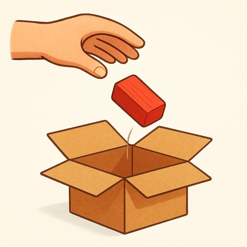 A hand gently placing a small, colorful red block into a larger, open brown wooden box, illustrating physical insertion.