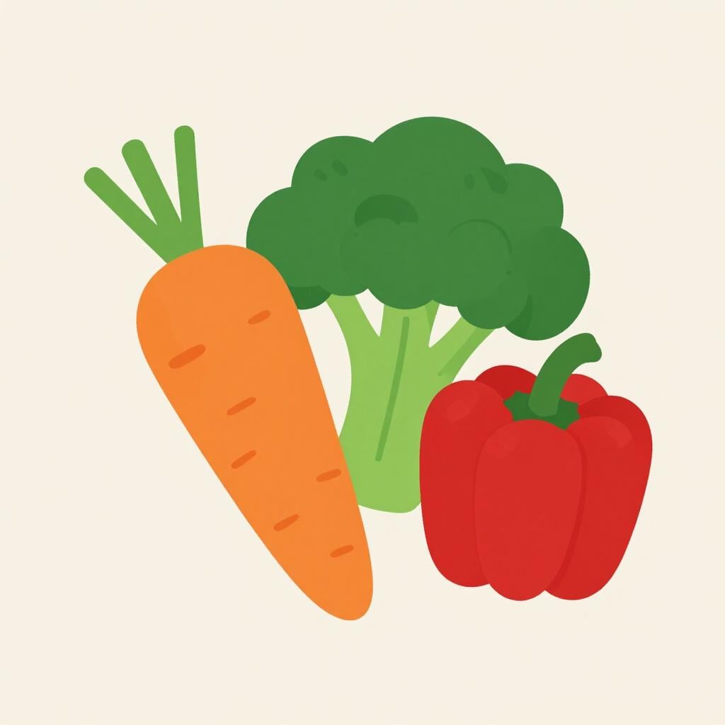 A vibrant collection of fresh vegetables including a carrot, a head of broccoli, and a red bell pepper.