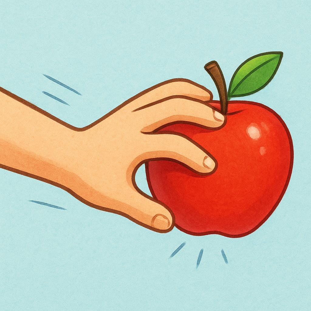 Una mano stilizzata che afferra rapidamente una mela rosso vivo da un tavolo.