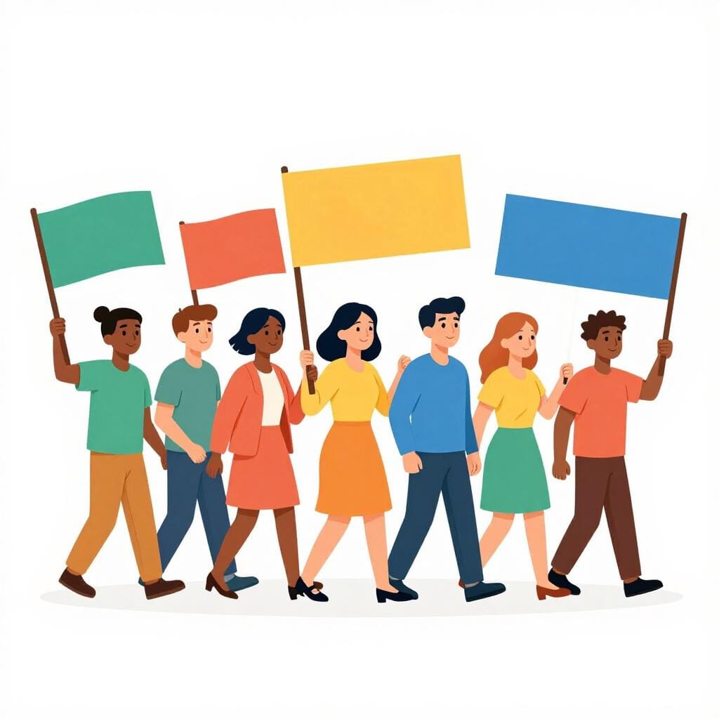 A group of people standing together holding colorful banners and marching forward.