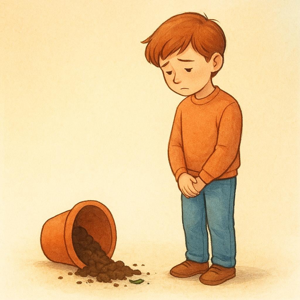 A young person stands next to a small, overturned flowerpot with spilled dirt. The person has a sad, regretful expression on their face.