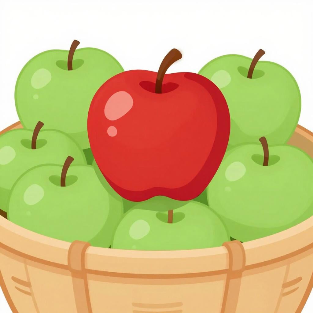 A single bright red apple standing out in a basket of green apples.