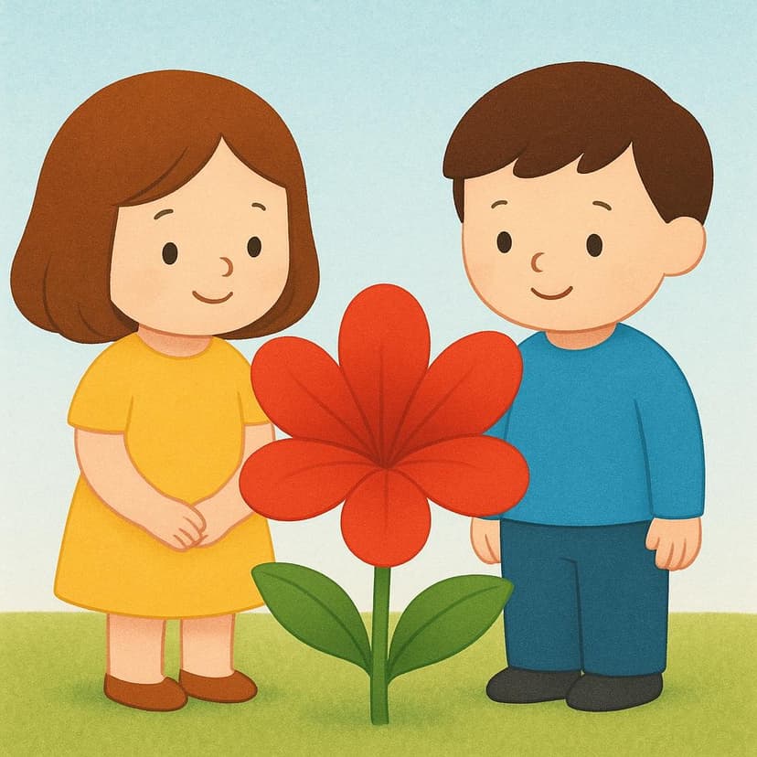 A colorful illustration showing two stylized storybook characters standing side by side, both looking intently at a vibrant red flower in front of them.