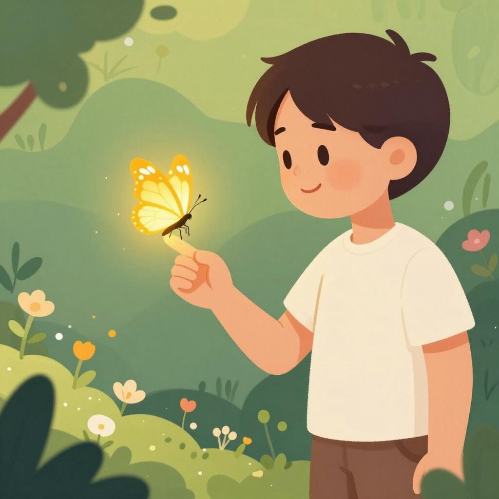 Una persona che guarda una farfalla luminosa e splendente posarsi sulla sua mano con un'espressione di pacifica attesa.