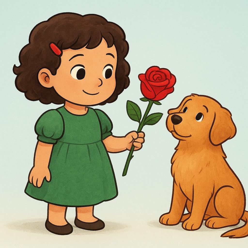 A storybook illustration showing a little girl holding a single, vibrant red rose. A large, friendly golden retriever dog sits next to her, looking up at the rose, symbolizing a possessive relationship.