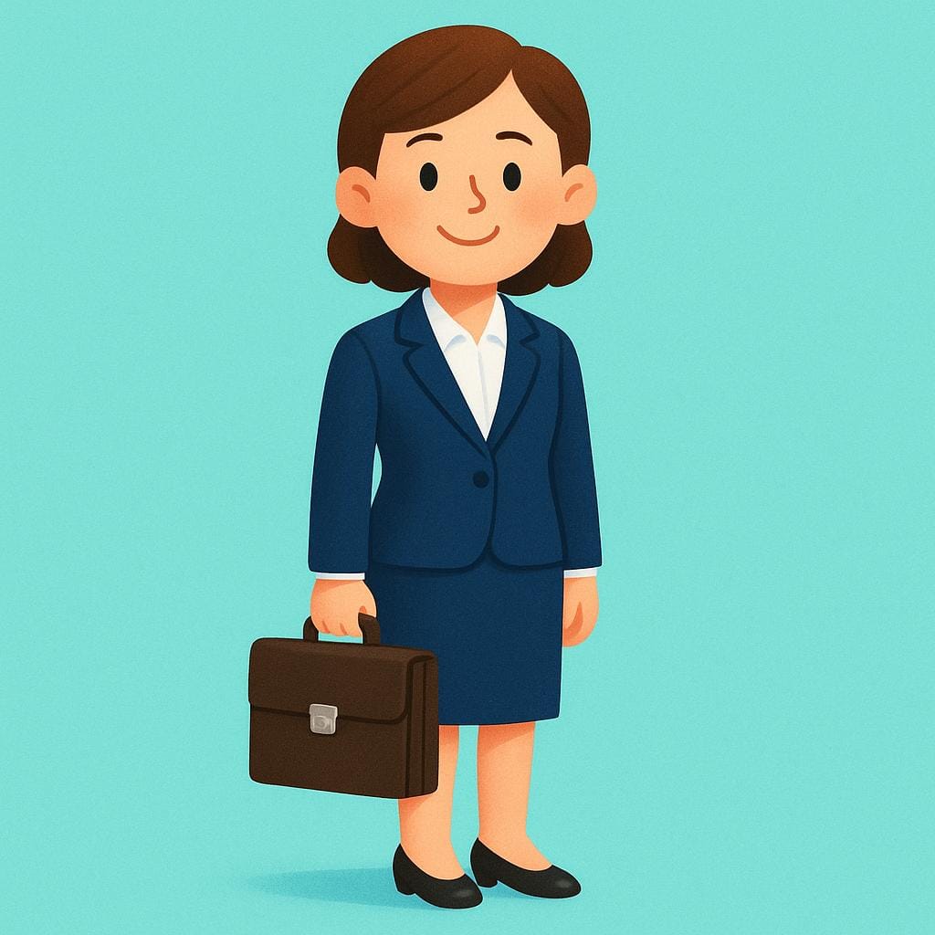 A smiling person dressed in neat business clothes standing confidently and holding a closed briefcase, symbolizing the state of having a job.