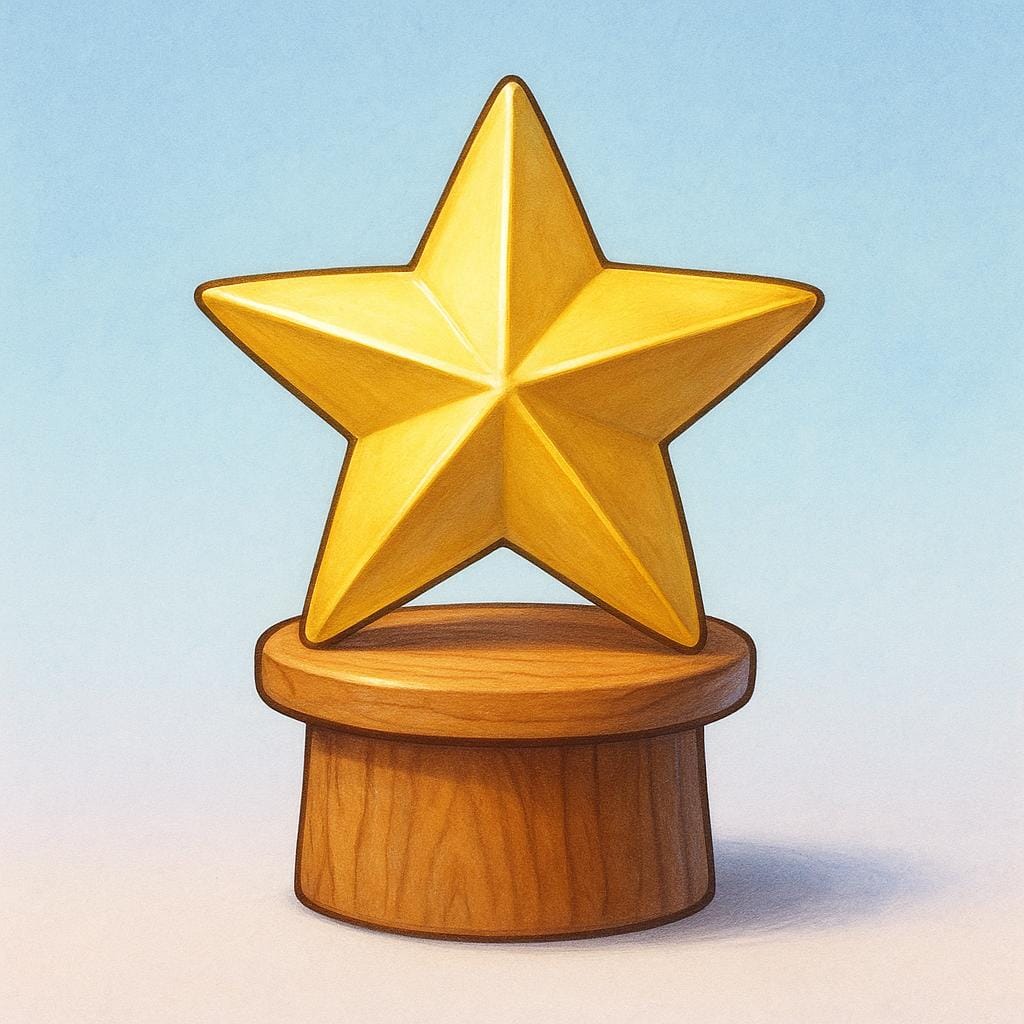 Ein perfekt geformter, glänzender goldener Stern, der auf einem kleinen, stabilen Holzsockel ruht und ein hohes Maß an Qualität oder Erwartung symbolisiert.