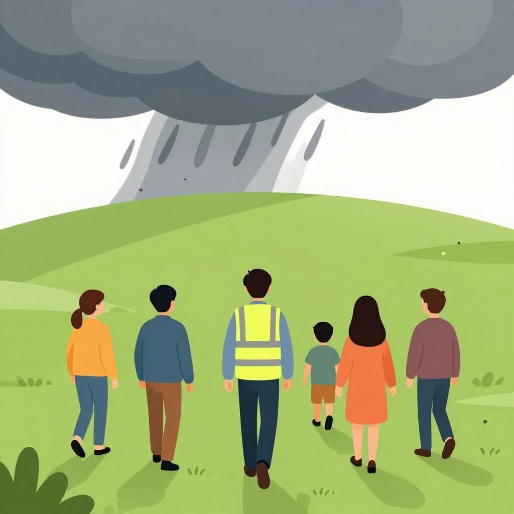 A line of people being guided away from a danger zone by a person in a safety vest toward a safe area.