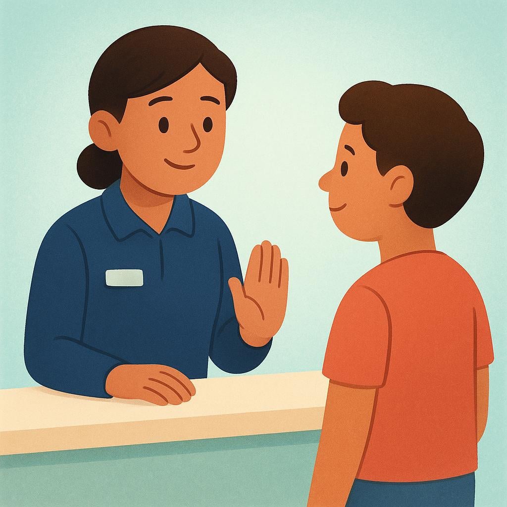 A friendly staff member standing at a reception desk, holding up an open hand in a gentle gesture to signal a customer to stop and wait patiently.