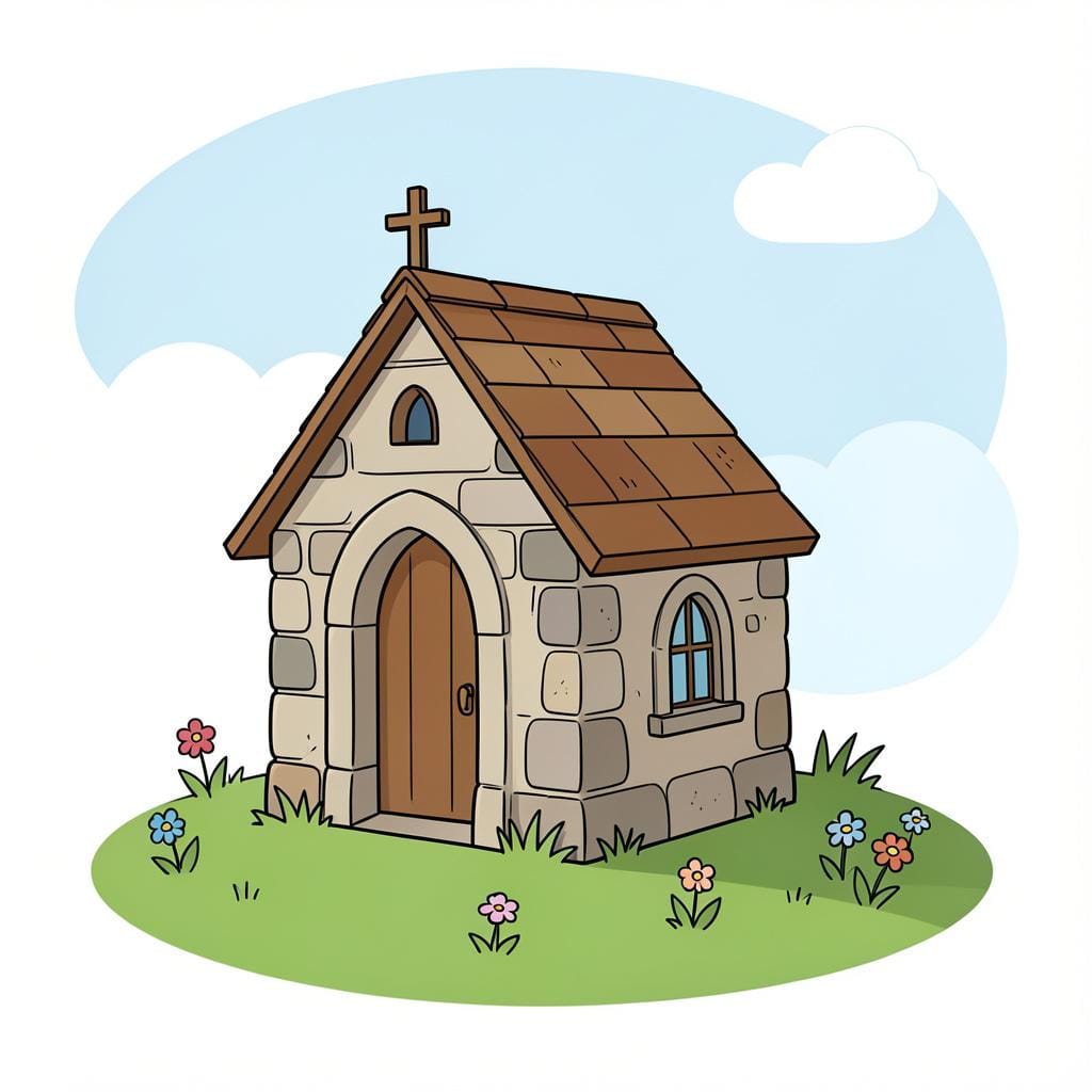 A small stone building with arched windows and a cross on top, nestled in a green field.