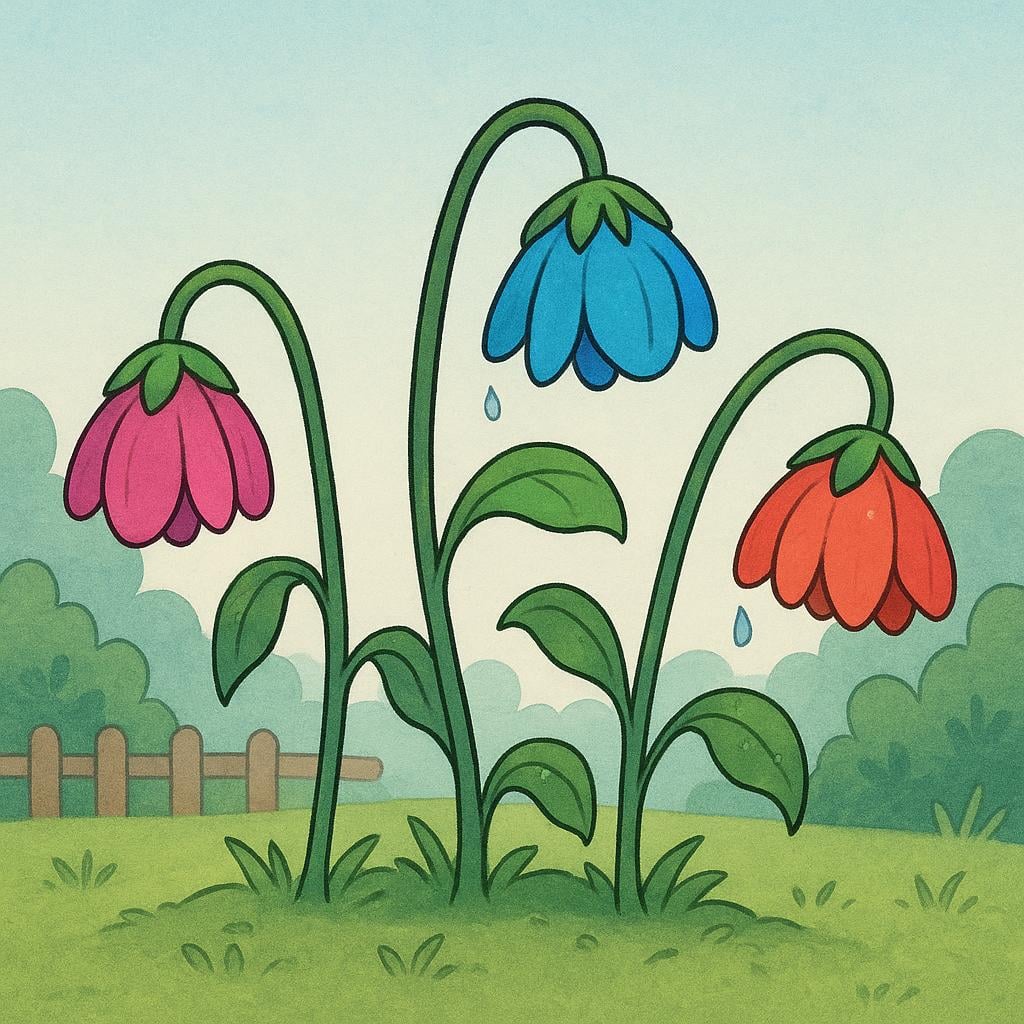 A storybook illustration showing three colorful flowers dramatically wilting and losing their petals.