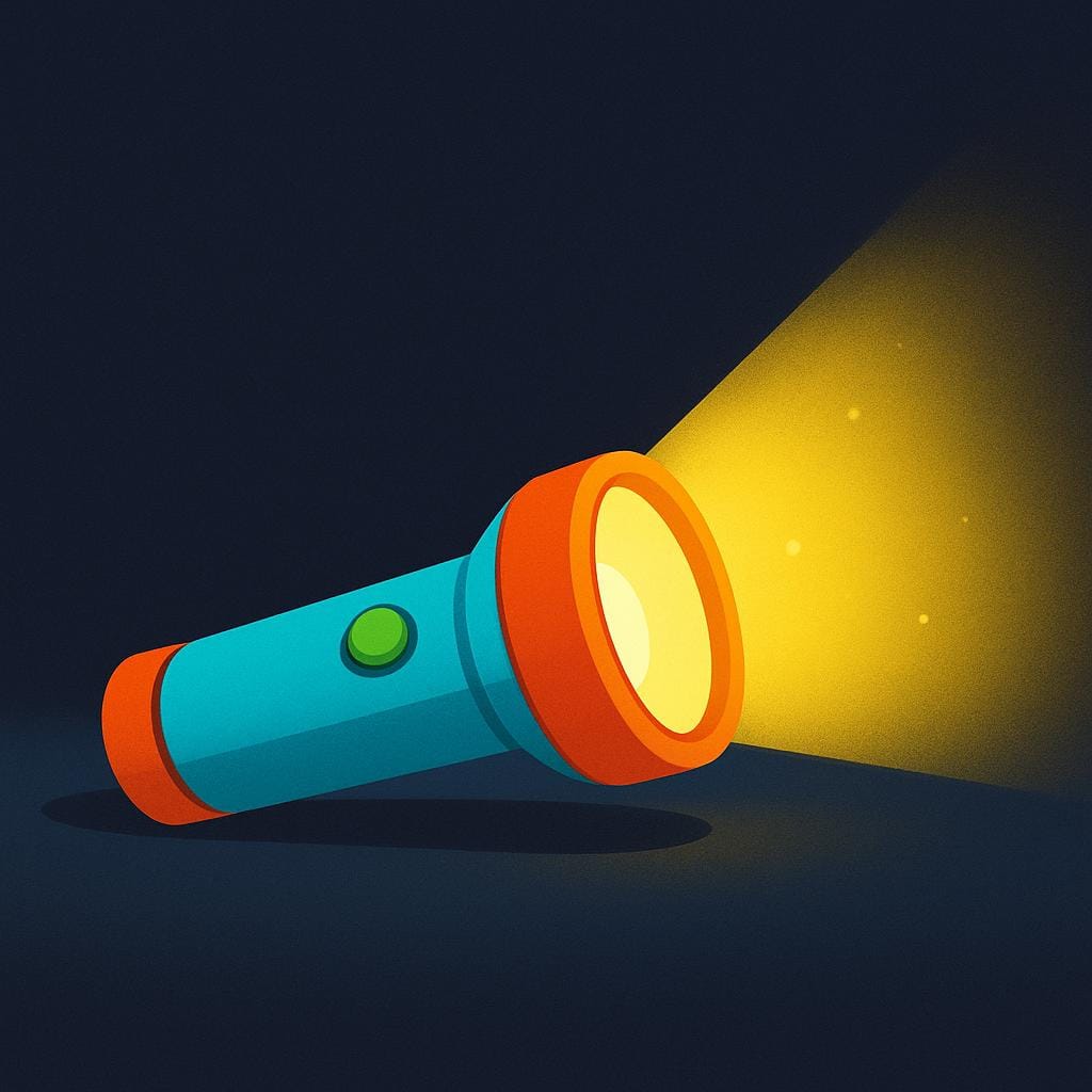 A blue and yellow flashlight lying horizontally on a surface, casting a bright circular beam of yellow light onto a dark background.