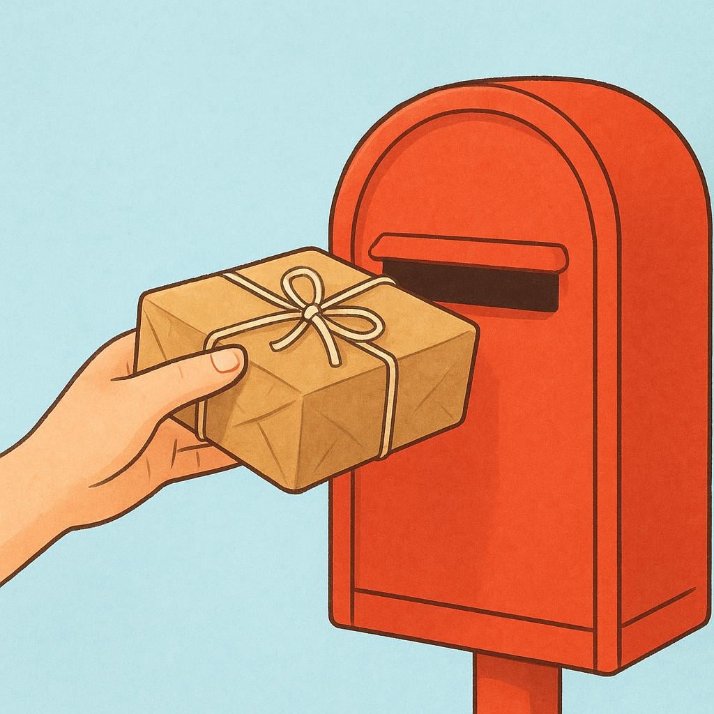 A close-up view of a hand actively placing a small, wrapped brown parcel into the slot of a vibrant red mailbox.