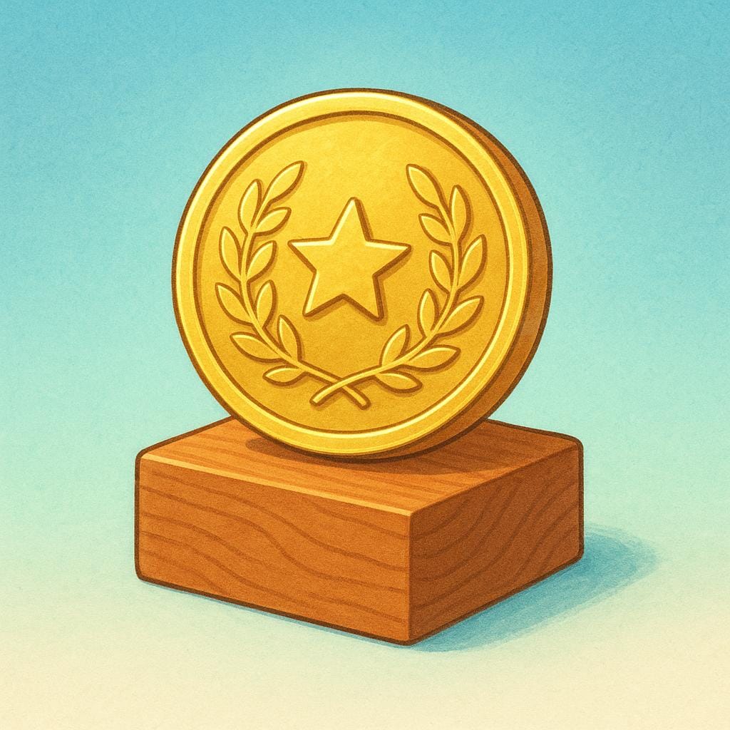 A large, shiny gold medal resting on a small pedestal, symbolizing a proven fact or result.