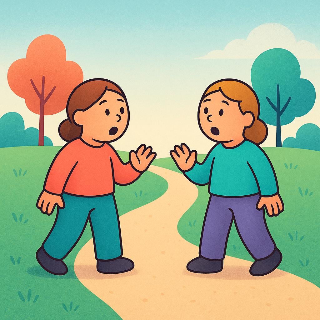 Two stylized figures walking on a path, stopping suddenly face-to-face with expressions of surprise and recognition, illustrating an unexpected encounter.