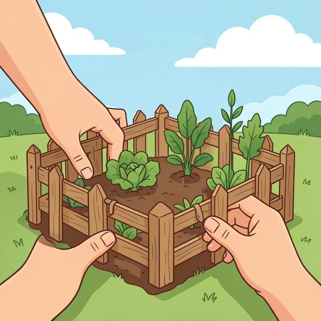 A small wooden garden being enclosed by a person placing a wooden panel.