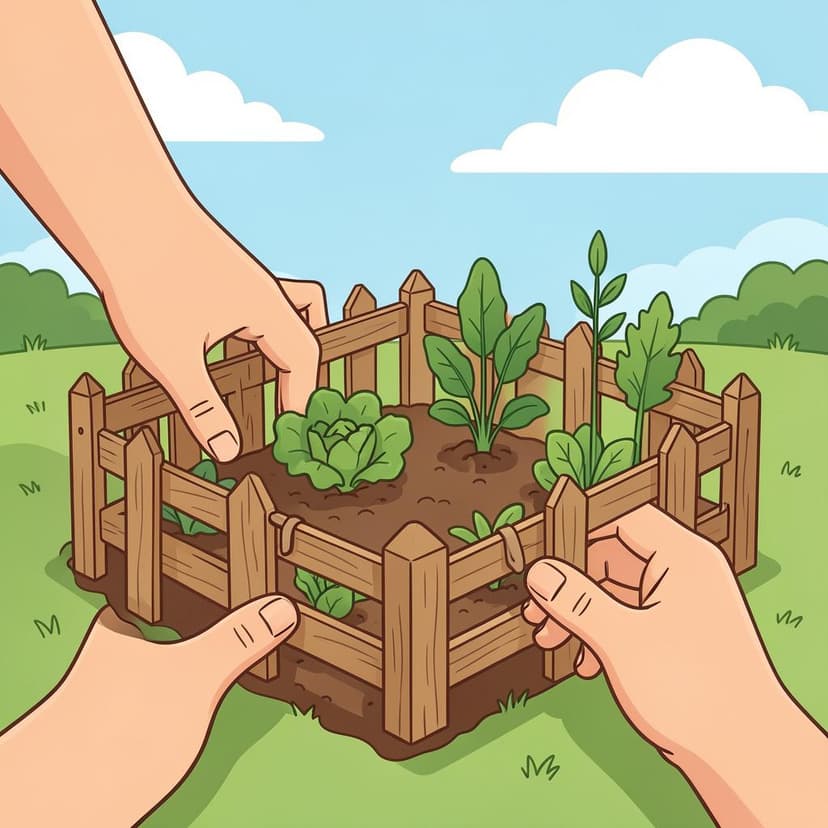 A small wooden garden being enclosed by a person placing a wooden panel.