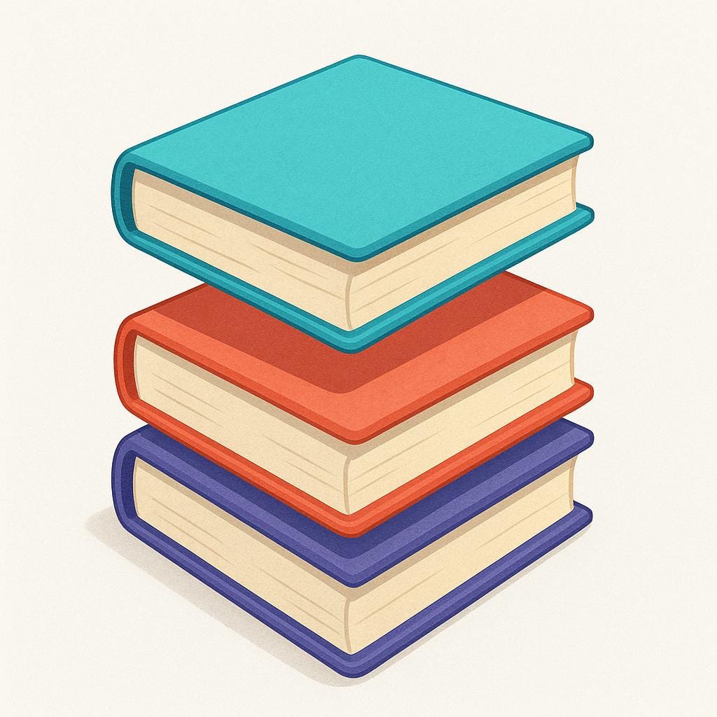 A vertical stack of three simple, colorful textbooks, where the top book is slightly elevated and separated from the rest of the stack, indicating a distinct unit.