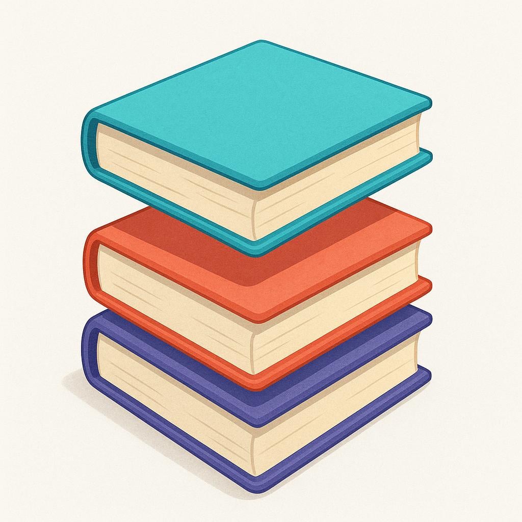 A vertical stack of three simple, colorful textbooks, where the top book is slightly elevated and separated from the rest of the stack, indicating a distinct unit.