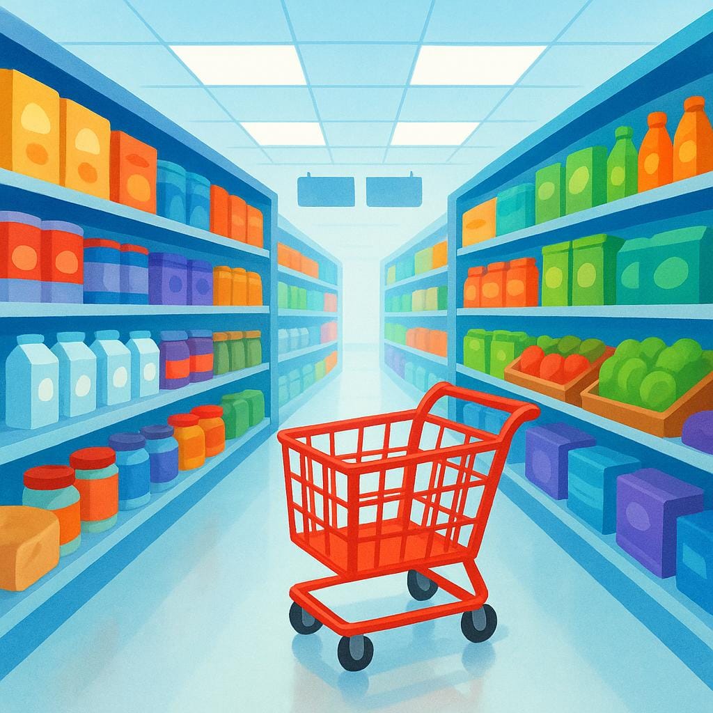 A colorful storybook illustration depicting the inside of a supermarket aisle. Tall shelves are stocked neatly with various colorful grocery items. A bright red shopping cart is positioned in the middle of the aisle.