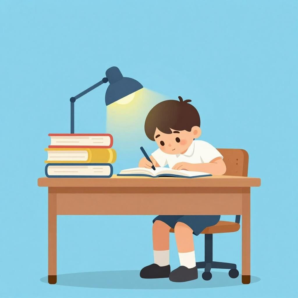 A student surrounded by a large stack of books, focused intently on studying with a bright lamp.