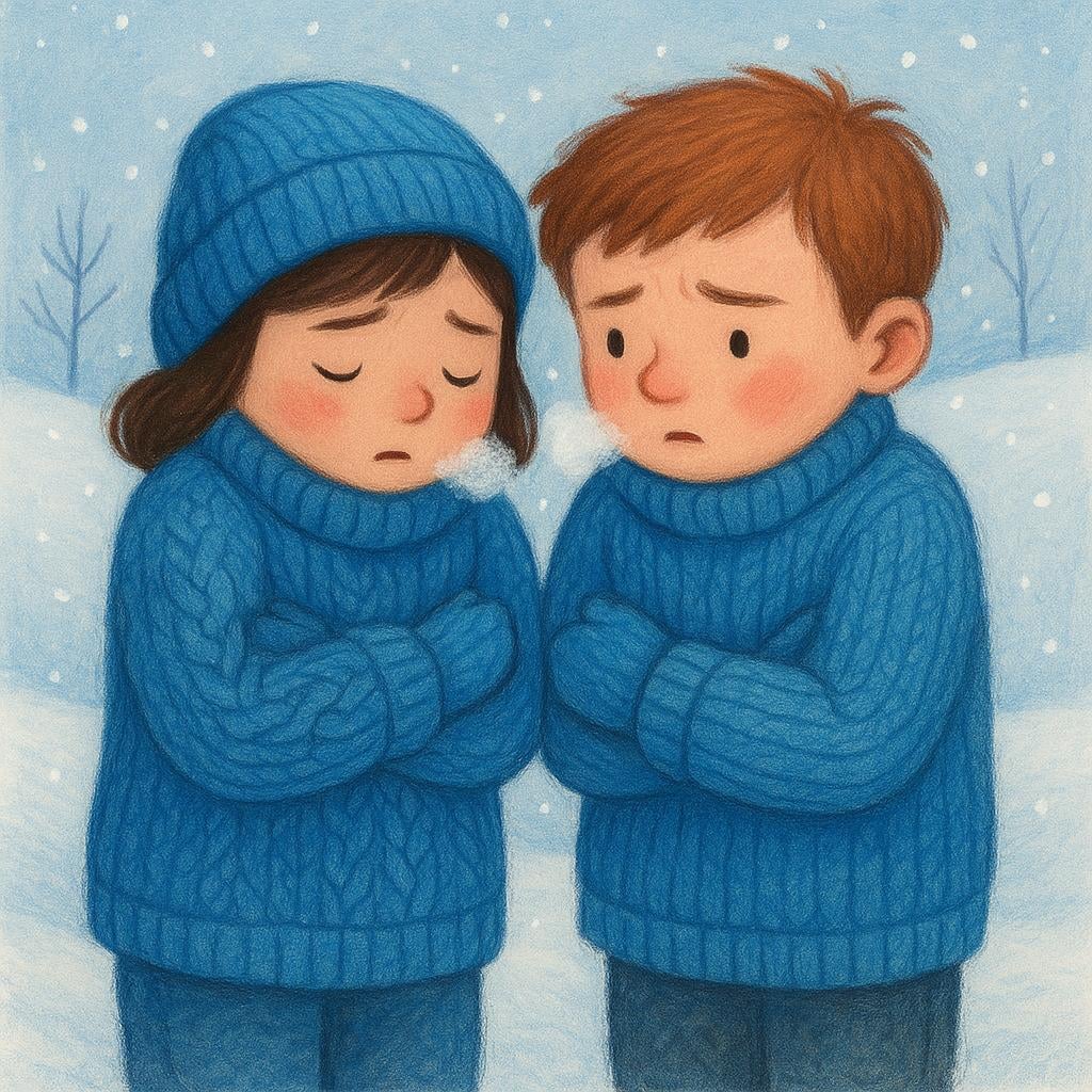 Two figures wearing thick knitted blue sweaters, huddled together tightly and visibly shivering in a snowy environment, indicating they were cold.