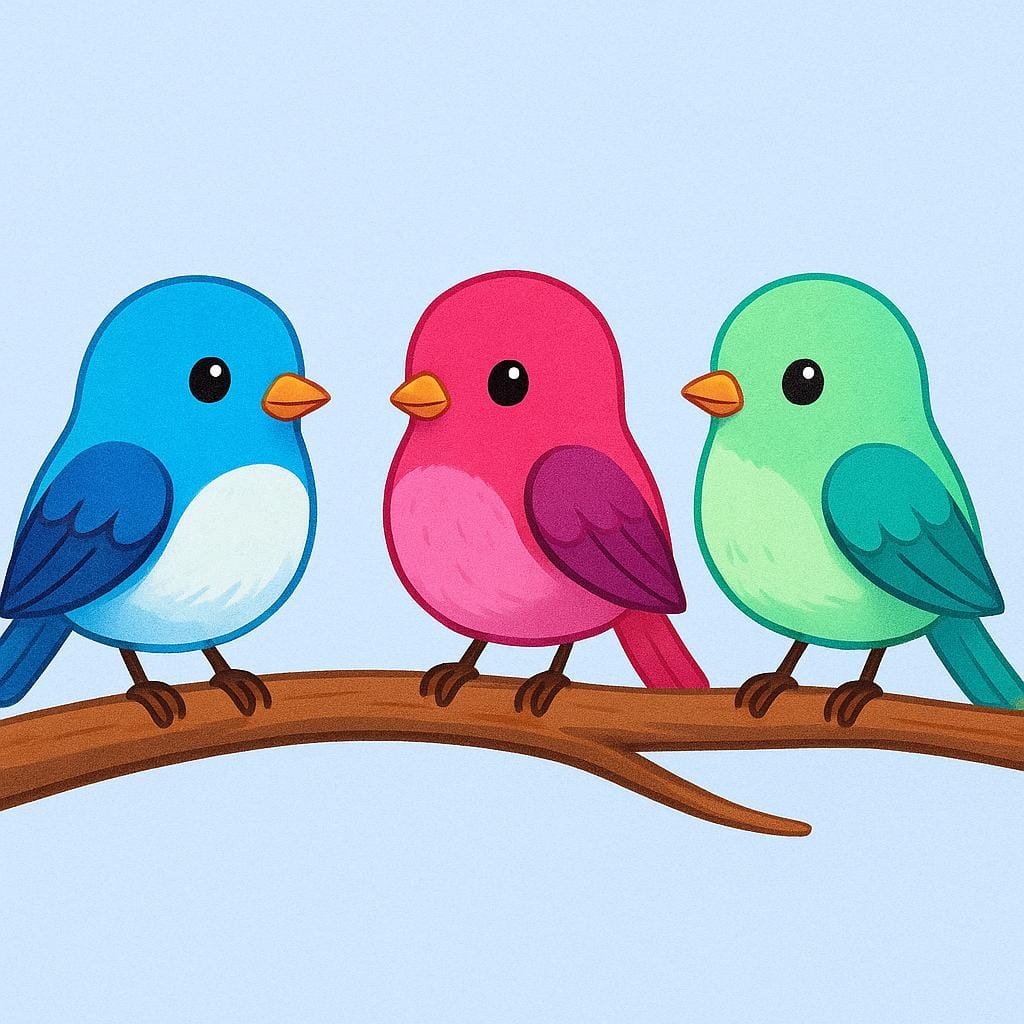 A simple illustration showing three brightly colored songbirds perched close together on a brown tree branch.