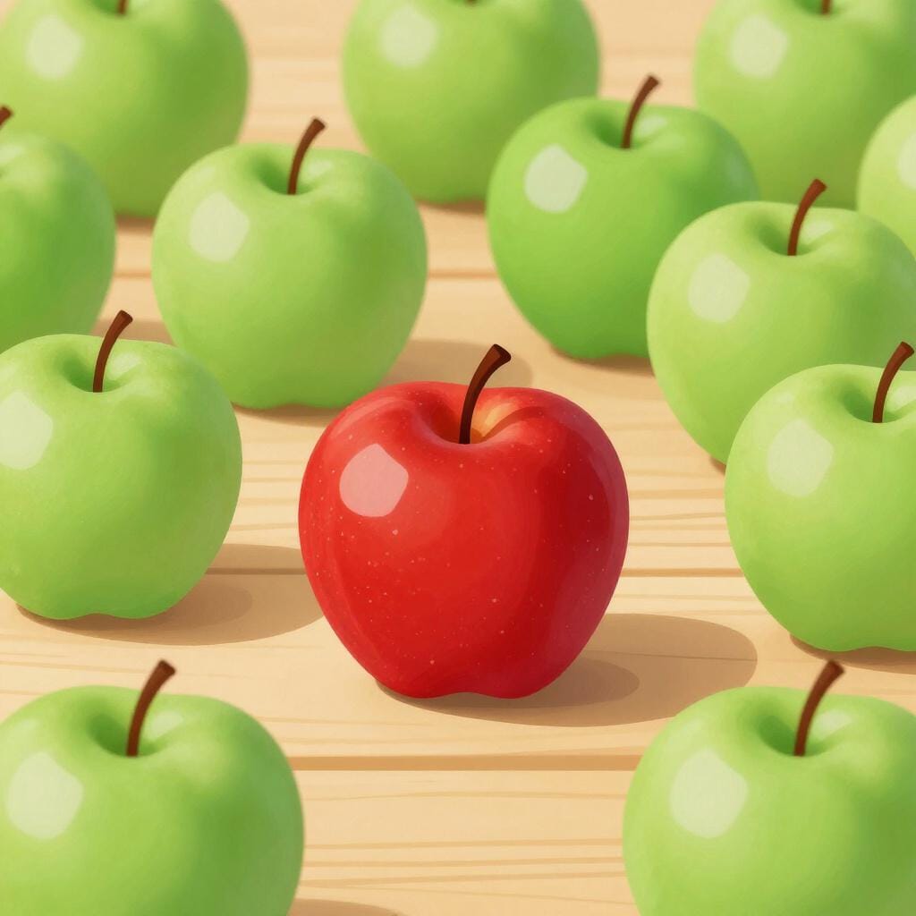 A single bright red apple sitting among many green apples.