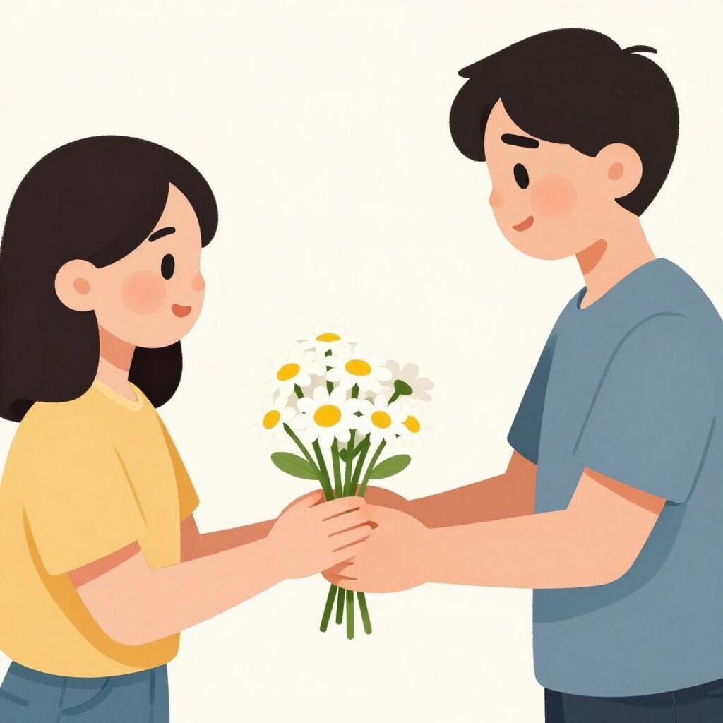 A person with a gentle expression handing a small bouquet of flowers to a friend who looks surprised and happy.